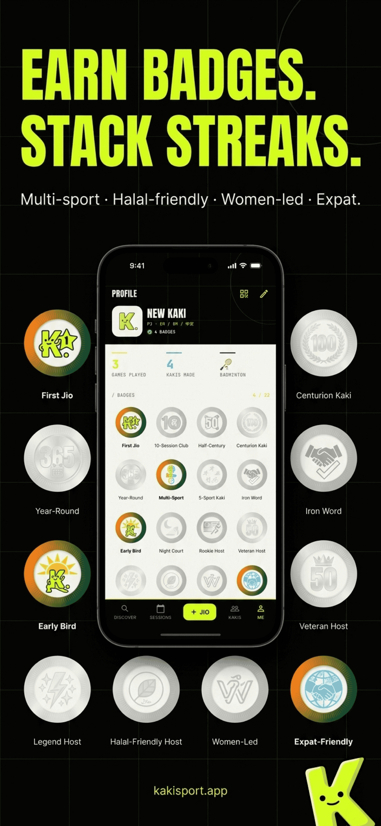 Earn badges, stack streaks — multi-sport, halal-friendly, women-led